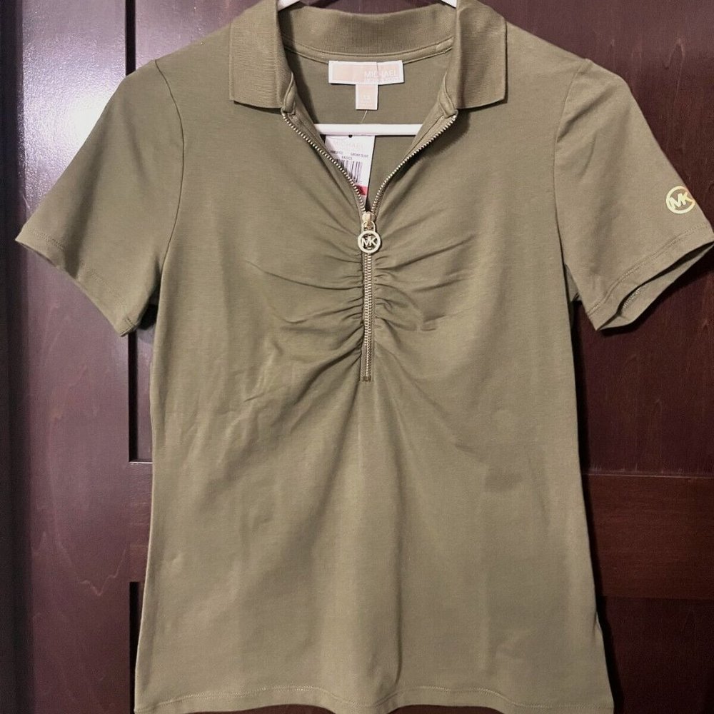 Women's EXTRA SMALL green/olive Michael Kors polo shirt, gold zipper front